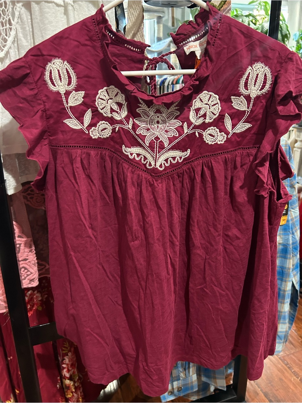 Knox Rose Burgundy Sleeveless Embroidered Yoke Top